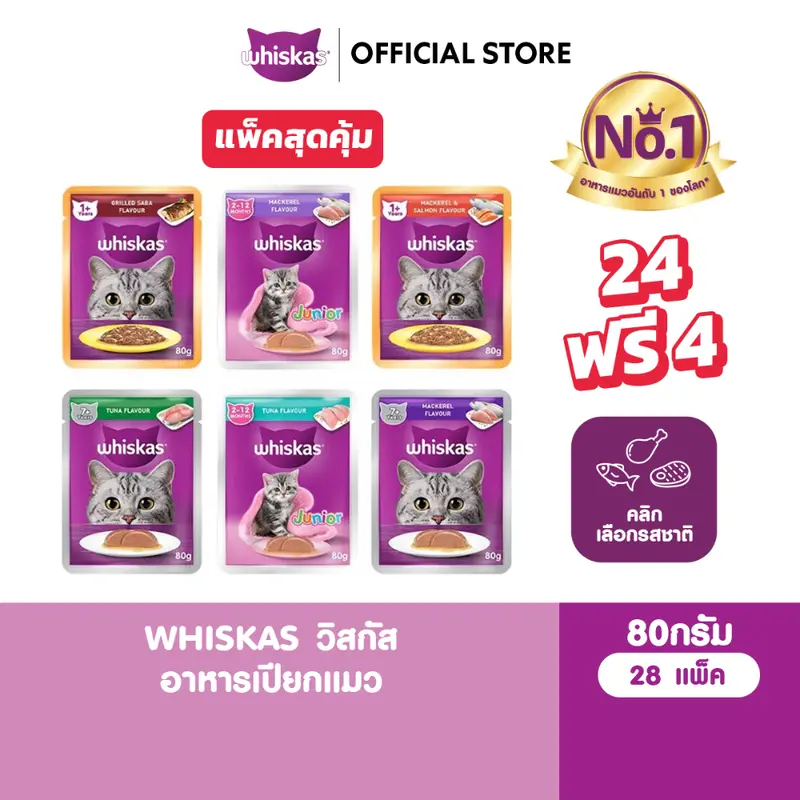 [24 ฟรี 4] WHISKAS วิสกัส อาหารเปียกแมว แมวโต ลูกแมว…