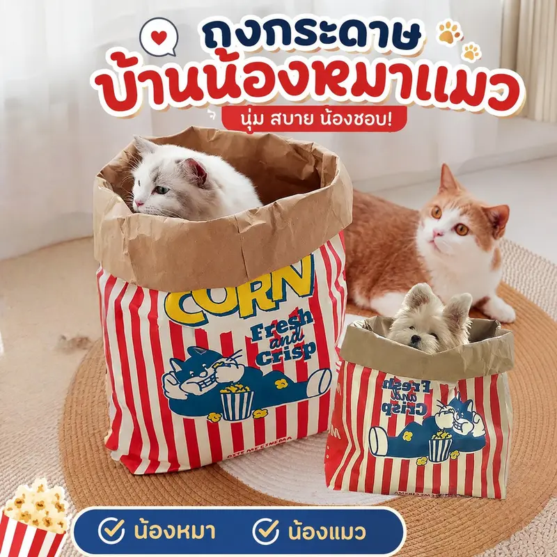 ถุงของเล่นแมวกระดาษคราฟท์ ถุงแมวมุด อุโมงค์แมว ฝึกแมว…