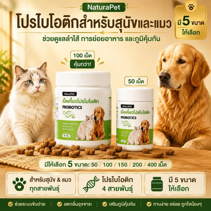 อาหารเสริมเม็ดเคี้ยวโพรไบโอติกและวิตามินสำหรับแมวและสุ…