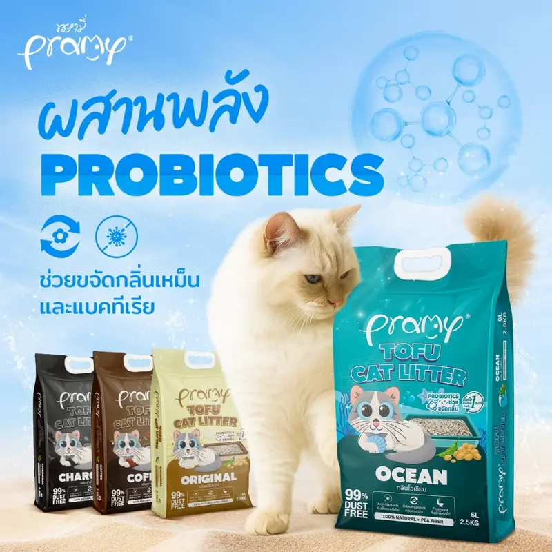 Pramy ทรายแมวเต้าหู้ สูตรไร้ฝุ่น จับตัวเป็นก้อนเร็ว…